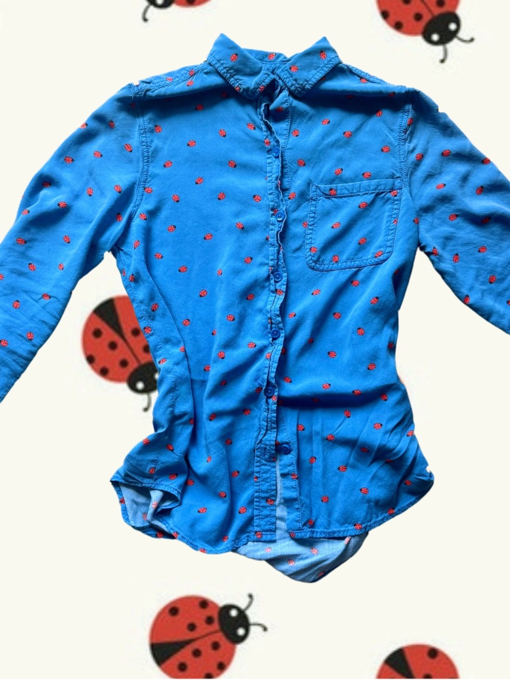 Blue Button-Front Shirt with Ladybug Print